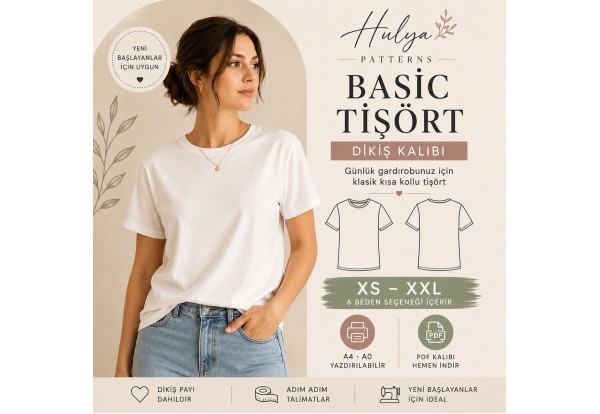 Kadın Kısa Kollu Basic Tişört PDF Dikiş Kalıbı… Kadın Kısa Kollu Basic Tişört PDF Dikiş Kalıbı…